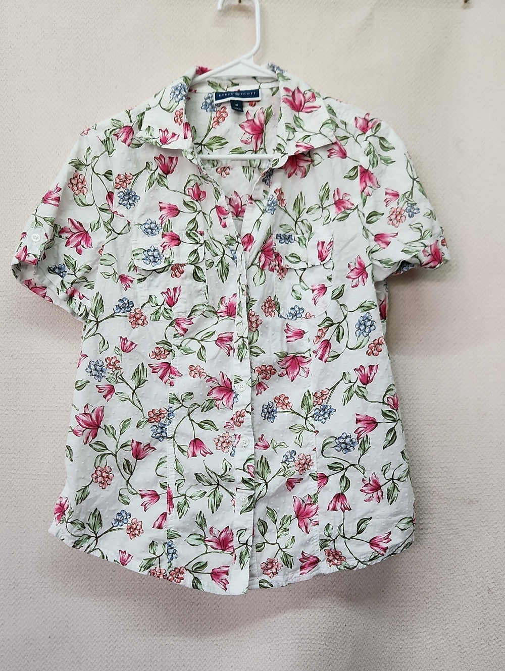 Karen Scott White Floral Button-Down Shirt with Pink Flowers and Green Leaves - Picture 1 of 4